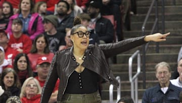 Wisconsin coach Marisa Moseley coaches her team during its WNIT quarterfinal game against Saint Louis at the Kohl Center in Madison, Wis., on Monday, April 1, 2024.