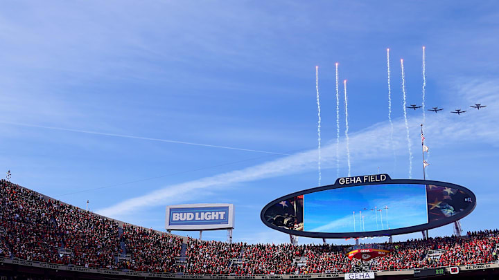 Military planes flyover as fireworks are fired before the first quarter during the AFC championship NFL football game between the Cincinnati Bengals and the Kansas City Chiefs, Sunday, Jan. 30, 2022, at GEHA Field at Arrowhead Stadium in Kansas City, Missouri. Military planes flyover as fireworks are fired before the first quarter during the AFC championship NFL football game between the Cincinnati Bengals and the Kansas City Chiefs, Sunday, Jan. 30, 2022, at GEHA Field at Arrowhead Stadium in Kansas City, Missouri.