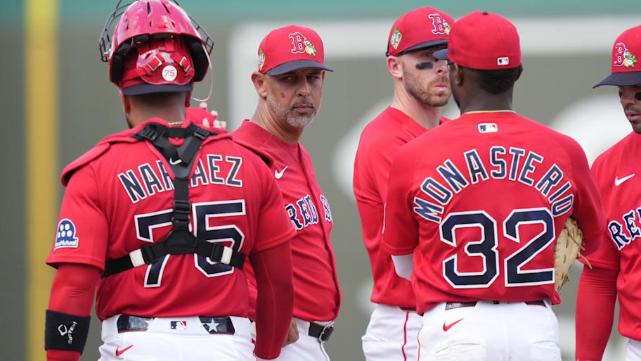 Boston Red Sox manager Alex Cora (13) makes a pitching change in the fourth inning against the New York Yankees.