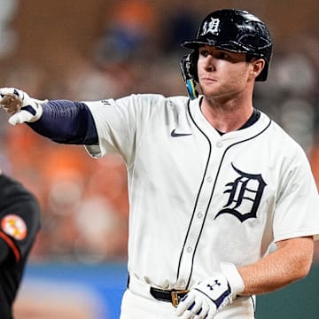 Detroit Tigers second base Colt Keith (33) celebrates after batting a single against Baltimore Orioles during the seventh inning at Comerica Park in Detroit on Saturday, September 14, 2024.