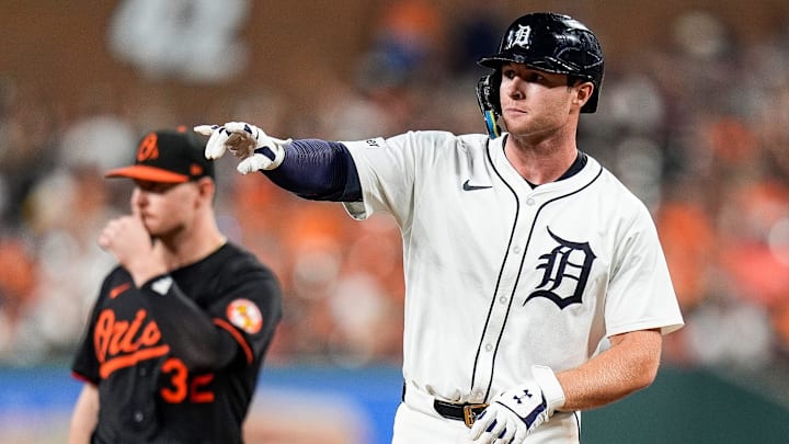 Detroit Tigers second base Colt Keith (33) celebrates after batting a single against Baltimore Orioles during the seventh inning at Comerica Park in Detroit on Saturday, September 14, 2024.