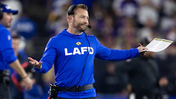 Jan 13, 2025; Glendale, AZ, USA; Los Angeles Rams head coach Sean McVay reacts against the Minnesota Vikings during an NFC wild card game at State Farm Stadium.