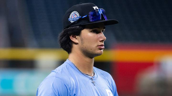 Jul 1, 2024; Phoenix, AZ, USA; Nazareth Academy infielder Jaden Fauske during the Perfect Game National Showcase high school baseball game at Chase Field. Mandatory Credit: Mark J. Rebilas-Imagn Images