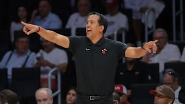 Apr 26, 2025; Miami, Florida, USA; Miami Heat head coach Erik Spoelstra reacts from the sideline against the Cleveland Cavaliers in the first quarter during game three for the first round of the 2025 NBA Playoffs at Kaseya Center. Mandatory Credit: Sam Navarro-Imagn Images