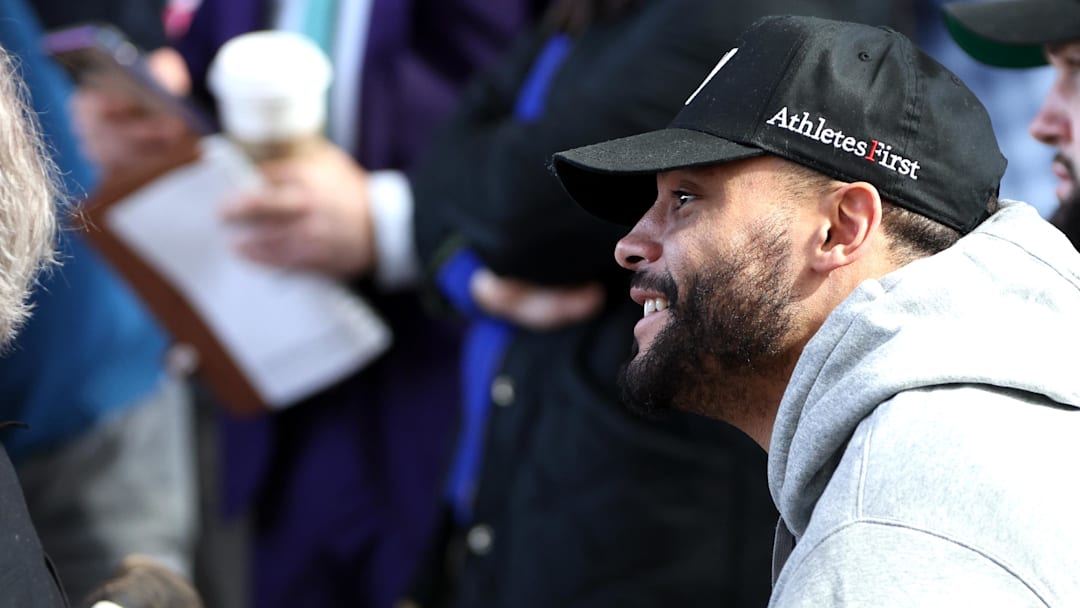 Dallas Cowboys quarterback Dak Prescott listens to head coach Brian Schottenheimer (not pictured)  at a press conference at the Star. 