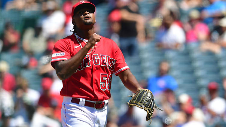 Jun 29, 2023; Anaheim, California, USA; Los Angeles Angels relief pitcher Jose Soriano (59) reacts