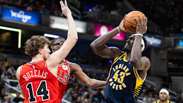 Jan 8, 2025; Indianapolis, Indiana, USA; Indiana Pacers forward Pascal Siakam (43) shoots the ball while Chicago Bulls forward Matas Buzelis (14) defends