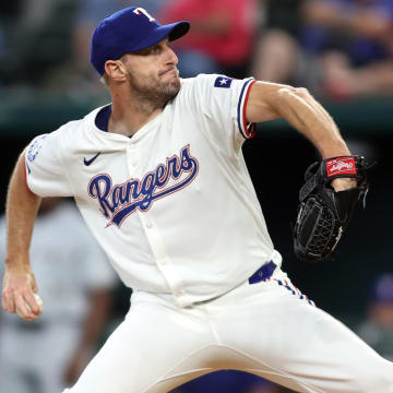 Jul 25, 2024; Arlington, Texas, USA; Texas Rangers pitcher Max Scherzer (31) strikes out Chicago White Sox designated hitter Eloy Jimenez (not pictured) to become 10th on the all-time strike out list in the second inning at Globe Life Field. Mandatory Credit: Tim Heitman-USA TODAY Sports