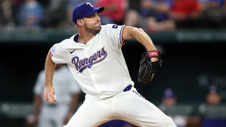 Jul 25, 2024; Arlington, Texas, USA; Texas Rangers pitcher Max Scherzer (31) strikes out Chicago White Sox designated hitter Eloy Jimenez (not pictured) to become 10th on the all-time strike out list in the second inning at Globe Life Field. Mandatory Credit: Tim Heitman-USA TODAY Sports