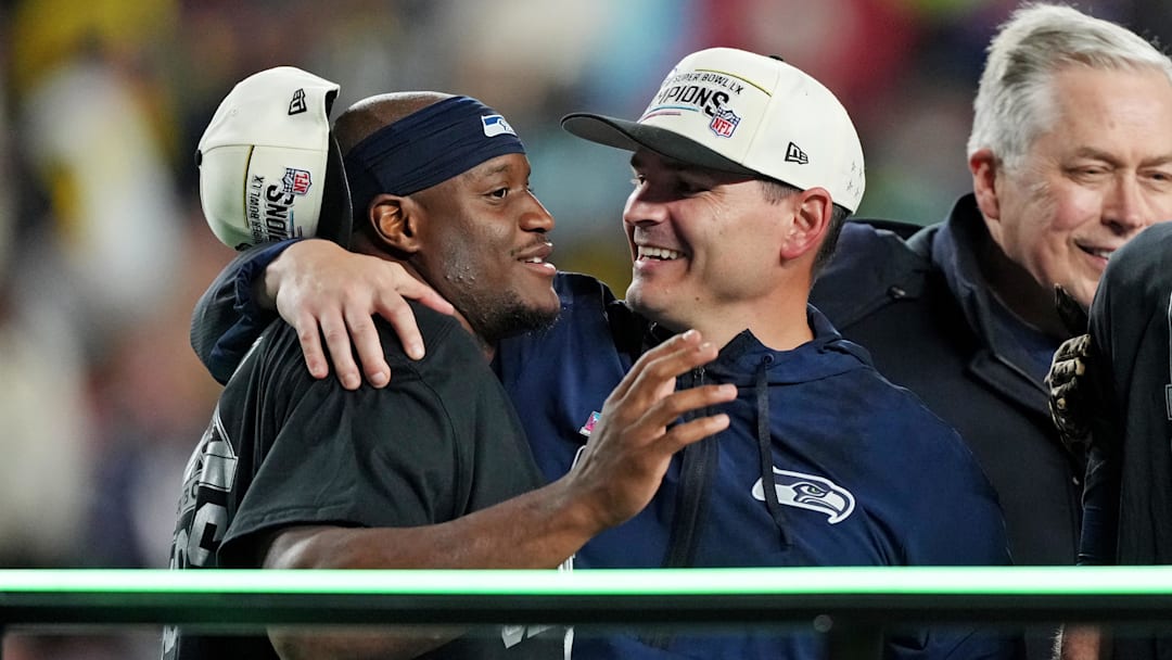 Feb 8, 2026; Santa Clara, CA, USA; Seattle Seahawks head coach Mike MacDonald and Seattle Seahawks running back Kenneth Walker III (9) celebrate the win against the New England Patriots in Super Bowl LX at Levi's Stadium.