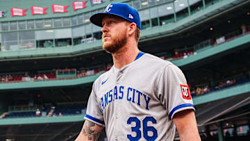 Aug 4, 2025; Boston, Massachusetts, USA; Kansas City Royals pitcher Bailey Falter (36) make his way to the bullpen before the start of the game against the Boston Red Sox at Fenway Park. Mandatory Credit: David Butler II-Imagn Images