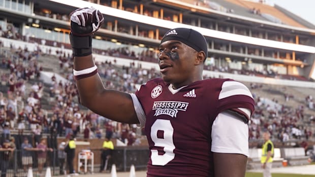 Mississippi State Bulldogs defensive end De'Monte Russell (9) reacts after the game against the Texas A&M Aggies.
