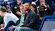 Mar 1, 2023; South Bend, Indiana, USA; Notre Dame Fighting Irish head football coach Marcus Freeman watches in the first half of the game between the Notre Dame Fighting Irish and the Pittsburgh Panthers at the Purcell Pavilion. 