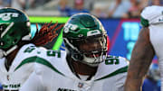 East Rutherford, NJ August 26, 2023 -- Quinnen Williams of the Jets reacts to a sack in the first half. The NY Jets against the NY Giants on August 26, 2023 at MetLife Stadium in East Rutherford, NJ, as the rivals play their final preseason game before the start of the NFL season.