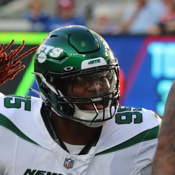 East Rutherford, NJ August 26, 2023 -- Quinnen Williams of the Jets reacts to a sack in the first half. The NY Jets against the NY Giants on August 26, 2023 at MetLife Stadium in East Rutherford, NJ, as the rivals play their final preseason game before the start of the NFL season.