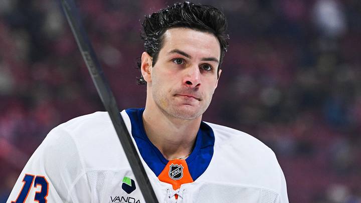 Mar 21, 2026; Montreal, Quebec, CAN; New York Islanders center Mathew Barzal (13) looks on during warm-up before the game against the Montreal Canadiens at Bell Centre. Mandatory Credit: David Kirouac-Imagn Images