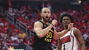 May 4, 2025; Houston, Texas, USA; Golden State Warriors guard Stephen Curry (30) and Houston Rockets forward Amen Thompson (1) react after a play during the fourth quarter of game seven of the first round for the 2025 NBA Playoffs at Toyota Center. Mandatory Credit: Troy Taormina-Imagn Images