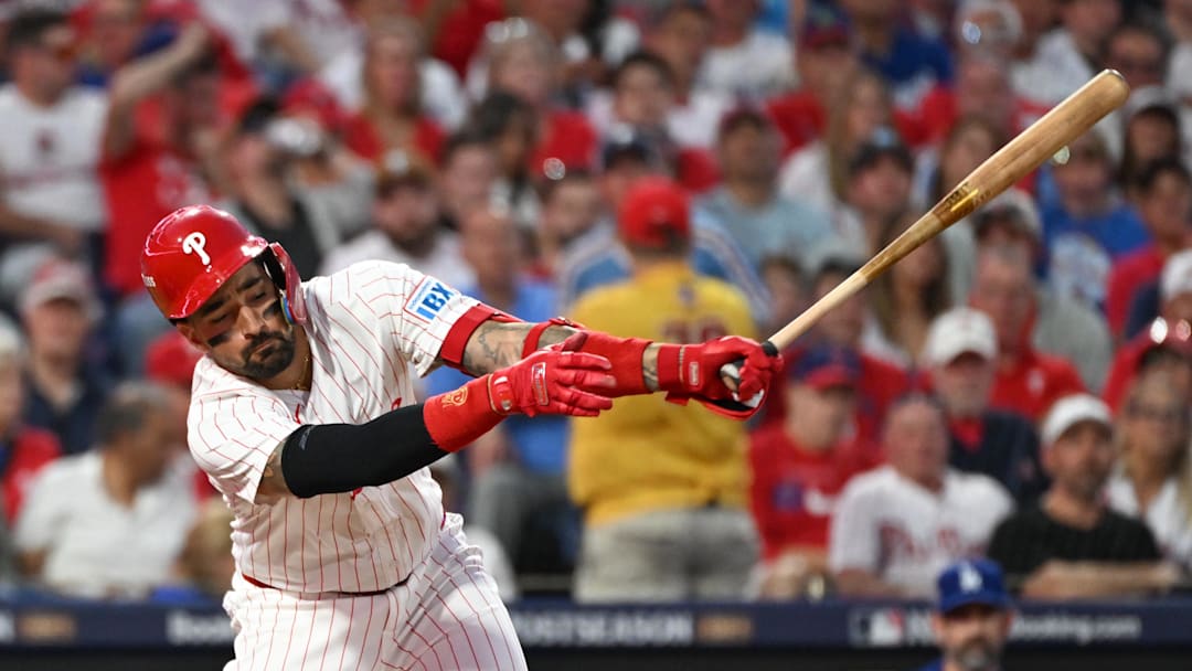 Oct 6, 2025; Philadelphia, Pennsylvania, USA; Philadelphia Phillies right fielder Nick Castellanos (8) strikes out against the Los Angeles Dodgers in the second inning during game two of the NLDS round for the 2025 MLB playoffs at Citizens Bank Park. Mandatory Credit: Eric Hartline-Imagn Images
