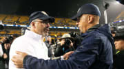 Penn State coach James Franklin and Pitt coach Pat Narduzzi meet after their 2018 game at then-Heinz Field in Pittsburgh.