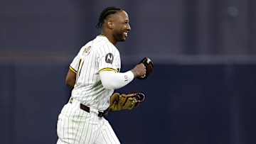 Oct 9, 2024; San Diego, California, USA; San Diego Padres outfielder Jurickson Profar (10) reacts after making a catch in the first inning against the Los Angeles Dodgers during game four of the NLDS for the 2024 MLB Playoffs at Petco Park. Mandatory Credit: David Frerker-Imagn Images
