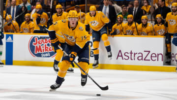 May 3, 2024; Nashville, Tennessee, USA; Nashville Predators forward Juuso Parssinen (75) skates with the puck against the Vancouver Canucks during the first period in game six of the first round of the 2024 Stanley Cup Playoffs at Bridgestone Arena. Mandatory Credit: Steve Roberts-USA TODAY Sports