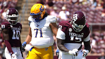 Sep 7, 2024; College Station, Texas, USA; Texas A&M Aggies defensive lineman DJ Hicks (13) reacts during the fourth quarter against the McNeese State Cowboys at Kyle Field. Mandatory Credit: Dustin Safranek-Imagn Images