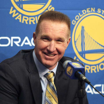 March 19, 2012; Oakland, CA, USA; Golden State Warriors former player Chris Mullin addresses the media before his #17 jersey is retired before the game against the Minnesota Timberwolves at Oracle Arena. Mandatory Credit: Kelley L Cox-USA TODAY Sports