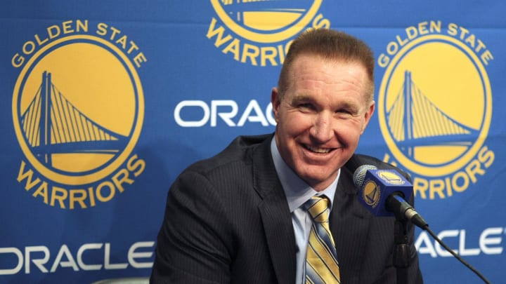 March 19, 2012; Oakland, CA, USA; Golden State Warriors former player Chris Mullin addresses the media before his #17 jersey is retired before the game against the Minnesota Timberwolves at Oracle Arena. Mandatory Credit: Kelley L Cox-USA TODAY Sports