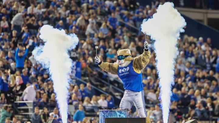 Oct 21, 2023; Provo, Utah, USA; Cosmo the Brigham Young Cougars mascot performs in the second half against the Texas Tech Red Raiders at LaVell Edwards Stadium. Mandatory Credit: Rob Gray-USA TODAY Sports