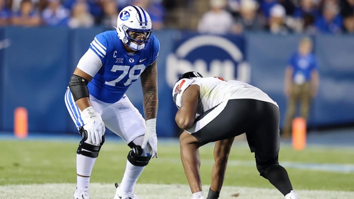 Oct 21, 2023; Provo, Utah, USA; Brigham Young Cougars offensive lineman Kingsley Suamataia (78).