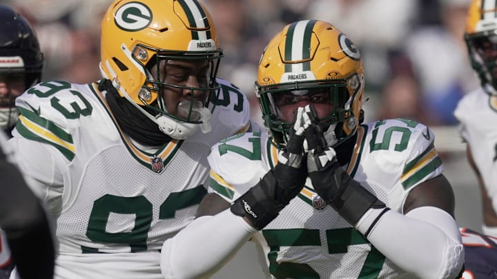 Green Bay Packers defensive end Brenton Cox Jr. a tackle for loss at the Chicago Bears. Green Bay Packers defensive end Brenton Cox Jr. a tackle for loss at the Chicago Bears.