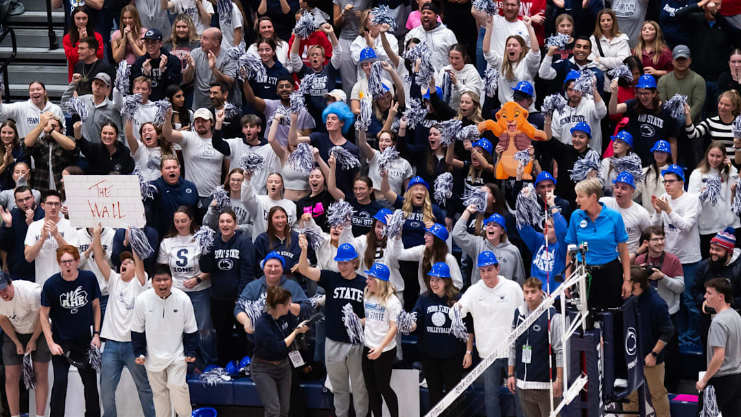 Penn State fans cheer on the Nittany Lions during a Big Ten volleyball match at Rec Hall
