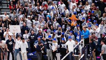 Penn State fans cheer on the Nittany Lions during a Big Ten volleyball match at Rec Hall