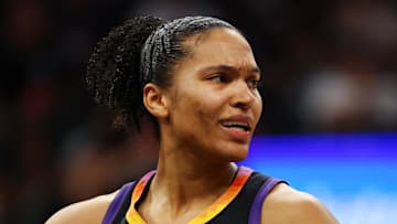 Jun 11, 2025; Phoenix, Arizona, USA; Phoenix Mercury forward Alyssa Thomas (25) against the Dallas Wings at PHX Arena. Mandatory Credit: Mark J. Rebilas-Imagn Images
