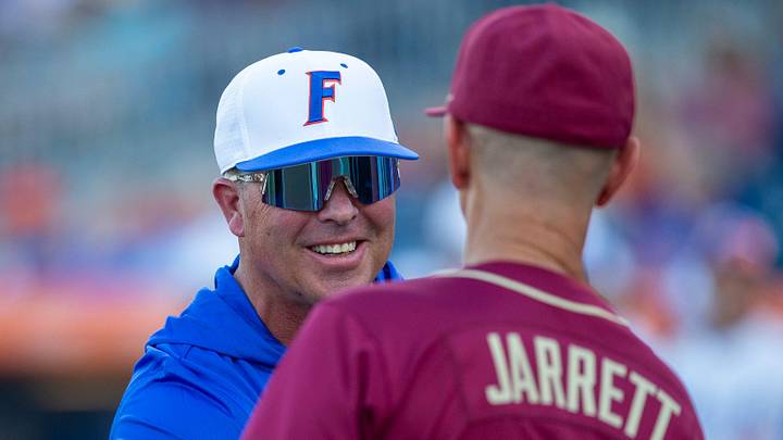 FloridaÕs Kevin OÕ Sullivan and FSUÕs Link Jarrett meet before the start of the game, March 10, 2026, at Condron Family Ballpark in Gainesville, Florida. [Cyndi Chambers/ Gainesville Sun] 2026