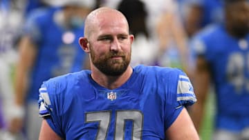 Jan 3, 2021; Detroit, Michigan, USA; Detroit Lions offensive tackle Dan Skipper (70) after the game against the Minnesota Vikings at Ford Field. Mandatory Credit: Tim Fuller-Imagn Images