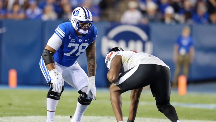 Oct 21, 2023; Provo, Utah, USA; Brigham Young Cougars offensive lineman Kingsley Suamataia (78) against Texas Tech Red Raiders linebacker Myles Cole (6) in there first half at LaVell Edwards Stadium.