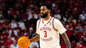 Mar 9, 2025; Lincoln, Nebraska, USA; Nebraska Cornhuskers guard Brice Williams (3) dribbles against the Iowa Hawkeyes during the first half at Pinnacle Bank Arena. Mandatory Credit: Dylan Widger-Imagn Images
