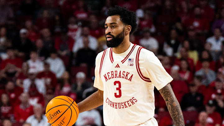 Mar 9, 2025; Lincoln, Nebraska, USA; Nebraska Cornhuskers guard Brice Williams (3) dribbles against the Iowa Hawkeyes during the first half at Pinnacle Bank Arena. Mandatory Credit: Dylan Widger-Imagn Images
