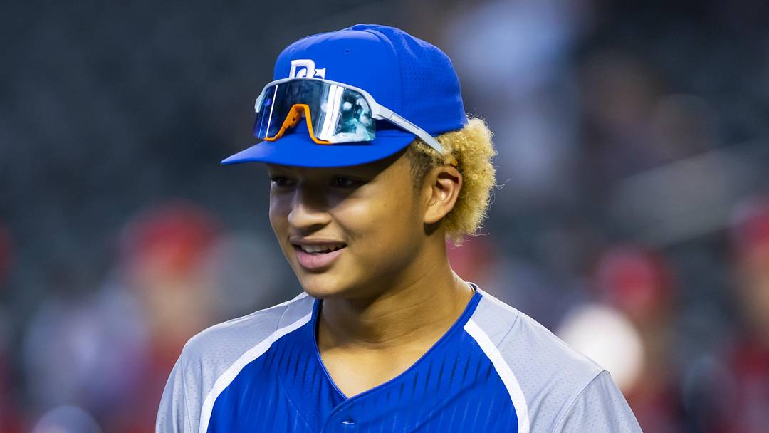 Aug 28, 2022; Phoenix, Arizona, US; East infielder Tai Peete (7) during the Perfect Game All-American Classic high school baseball game at Chase Field. Mandatory Credit: Mark J. Rebilas-Imagn Images Aug 28, 2022; Phoenix, Arizona, US; East infielder Tai Peete (7) during the Perfect Game All-American Classic high school baseball game at Chase Field. Mandatory Credit: Mark J. Rebilas-Imagn Images
