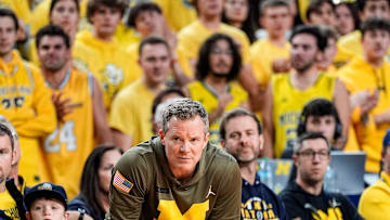 Michigan head coach Dusty May watches a play against Middle Tennessee during the second half at Crisler Center in Ann Arbor on Wednesday, November 19, 2025.