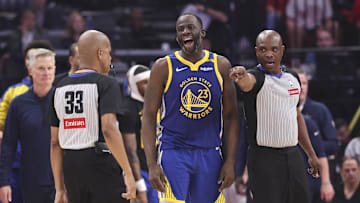 Apr 23, 2025; Houston, Texas, USA; Golden State Warriors forward Draymond Green (23) reacts during the second quarter during game two of the first round for the 2024 NBA Playoffs against the Houston Rockets at Toyota Center. Mandatory Credit: Troy Taormina-Imagn Images