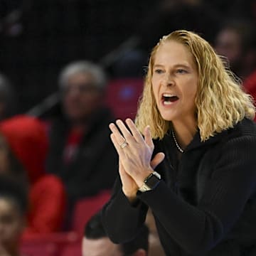 Feb 29, 2024; College Park, Maryland, USA;  Maryland Terrapins head coach Brenda Frese reacts during the first half against the Wisconsin Badgers at Xfinity Center. Mandatory Credit: Tommy Gilligan-Imagn Images