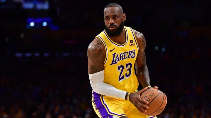 Apr 25, 2024; Los Angeles, California, USA; Los Angeles Lakers forward LeBron James (23) controls the ball against the Denver Nuggets during the second half in game three of the first round for the 2024 NBA playoffs at Crypto.com Arena. Mandatory Credit: Gary A. Vasquez-USA TODAY Sports