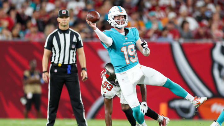 Miami Dolphins quarterback Skylar Thompson (19) throws the ball against the Tampa Bay Buccaneers in the second quarter during preseason at Raymond James Stadium.