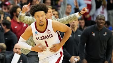 Mar 27, 2025; Newark, NJ, USA; Alabama Crimson Tide guard Mark Sears (1) celebrates after making a three pointer during the second half against the Brigham Young Cougars during an East Regional semifinal of the 2025 NCAA tournament at Prudential Center. Mandatory Credit: Robert Deutsch-Imagn Images