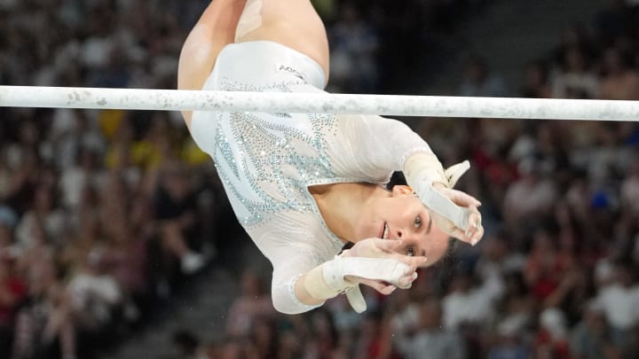 Jul 30, 2024; Paris, France; Giorgia Villa of Italy competes on the uneven bars during the women’s team final at the Paris 2024 Olympic Summer Games at Bercy Arena.