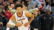Mar 27, 2025; Newark, NJ, USA; Alabama Crimson Tide guard Mark Sears (1) celebrates after making a three pointer during the second half against the Brigham Young Cougars during an East Regional semifinal of the 2025 NCAA tournament at Prudential Center. Mandatory Credit: Robert Deutsch-Imagn Images
