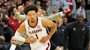 Mar 27, 2025; Newark, NJ, USA; Alabama Crimson Tide guard Mark Sears (1) celebrates after making a three pointer during the second half against the Brigham Young Cougars during an East Regional semifinal of the 2025 NCAA tournament at Prudential Center. 