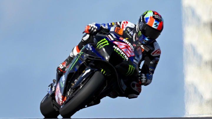 Apr 13, 2024; Austin, TX, USA; Alex Rins (42) of Spain and Monster Energy Yamaha MotoGP rides during practice for the MotoGP Grand Prix of the Americas at Circuit of The Americas. Mandatory Credit: Jerome Miron-USA TODAY Sports